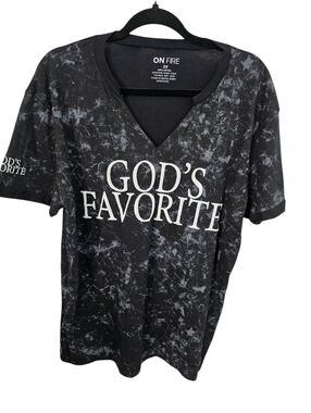 On Fire Black Marble-Print 'GOD'S FAVORITE' V-Neck Tee, NWT